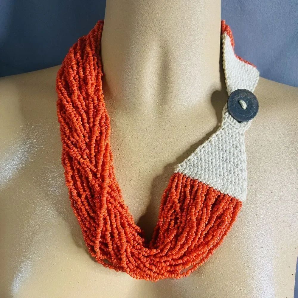 Vintage Necklace Seed Beads  Orange Multi Strand Crochet Beautiful STUNNING 4435
